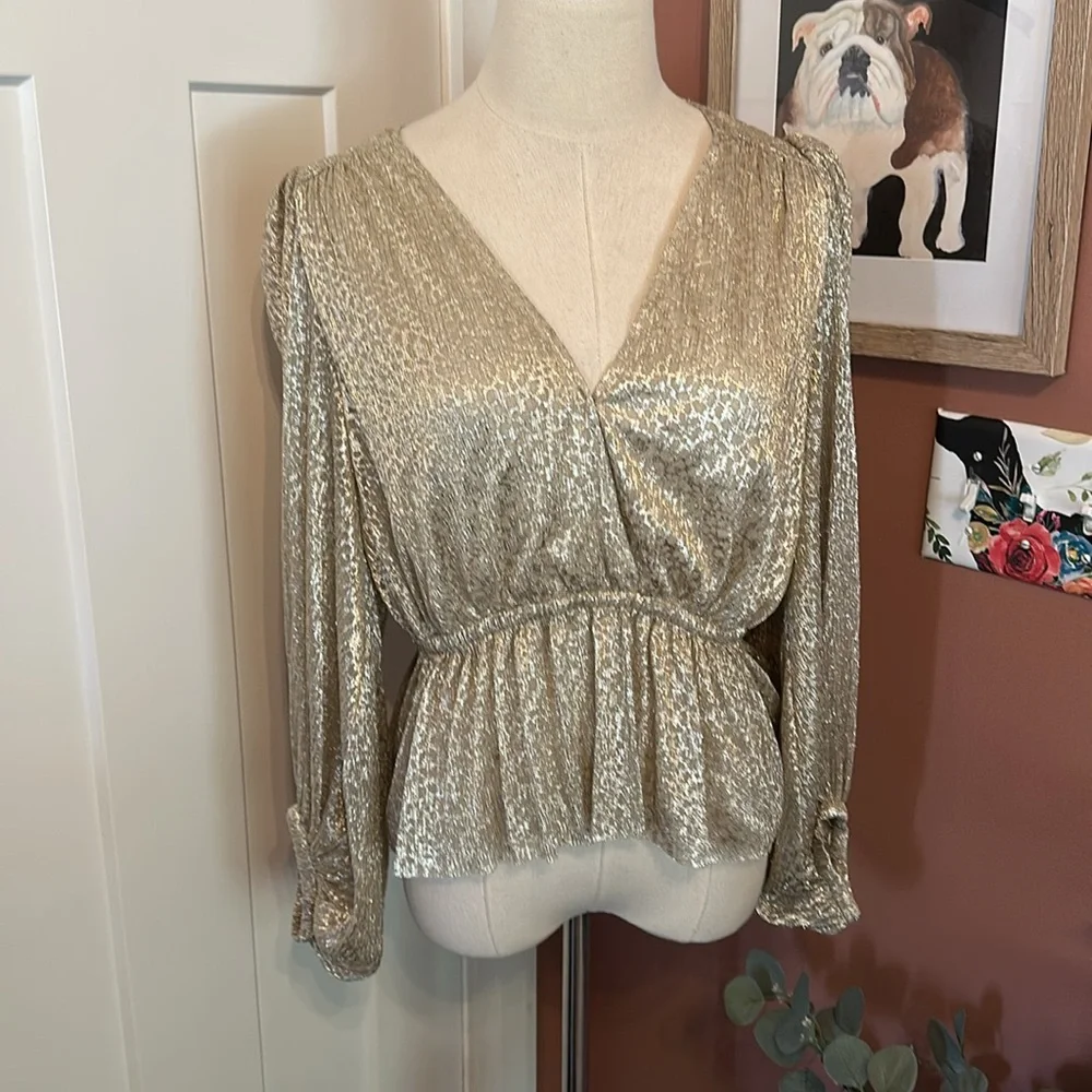 Ba&sh Caitlin gold metallic vneck peplum elastic cuff & waist 2 shirt/blouse